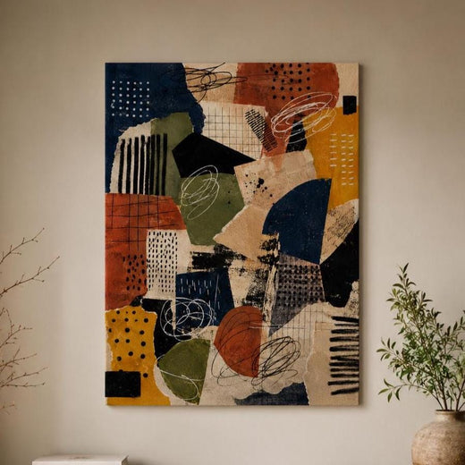 Quadro astratto geometrico terracotta, blu e ocra