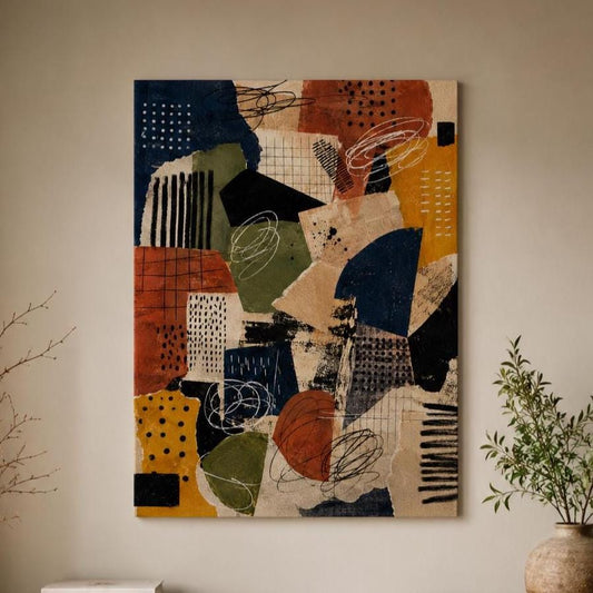 Quadro astratto geometrico terracotta, blu e ocra: stampa artistica da parete