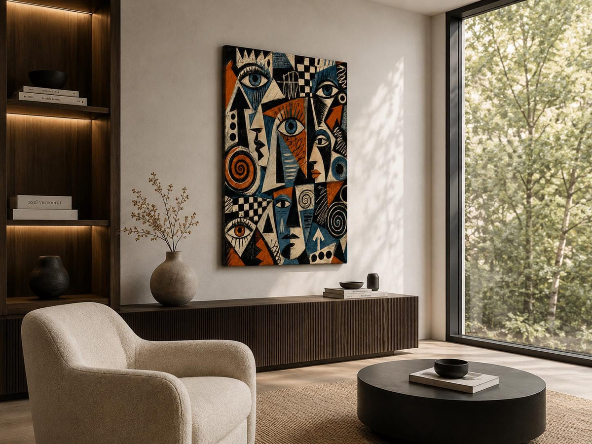 Quadro volti astratti geometrici blu e terracotta: vista 2 del prodotto