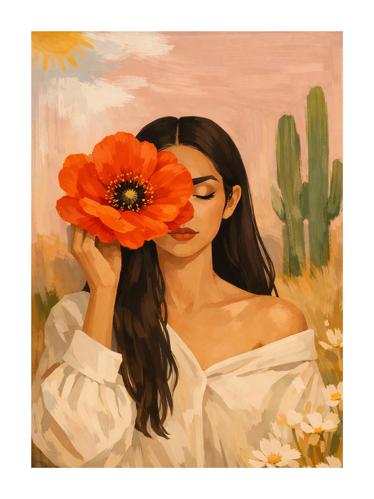Quadro donna con fiore rosso e cactus: vista 3 del prodotto