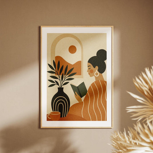 Quadro donna che legge stile boho terracotta: stampa artistica da parete