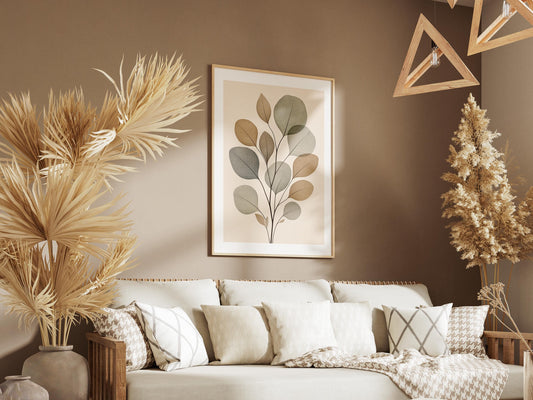 Quadro botanico con foglie beige e grigie: vista 2 del prodotto