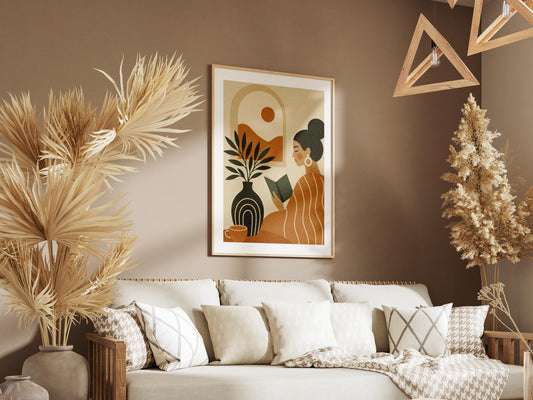 Quadro donna che legge stile boho terracotta: vista 2 del prodotto