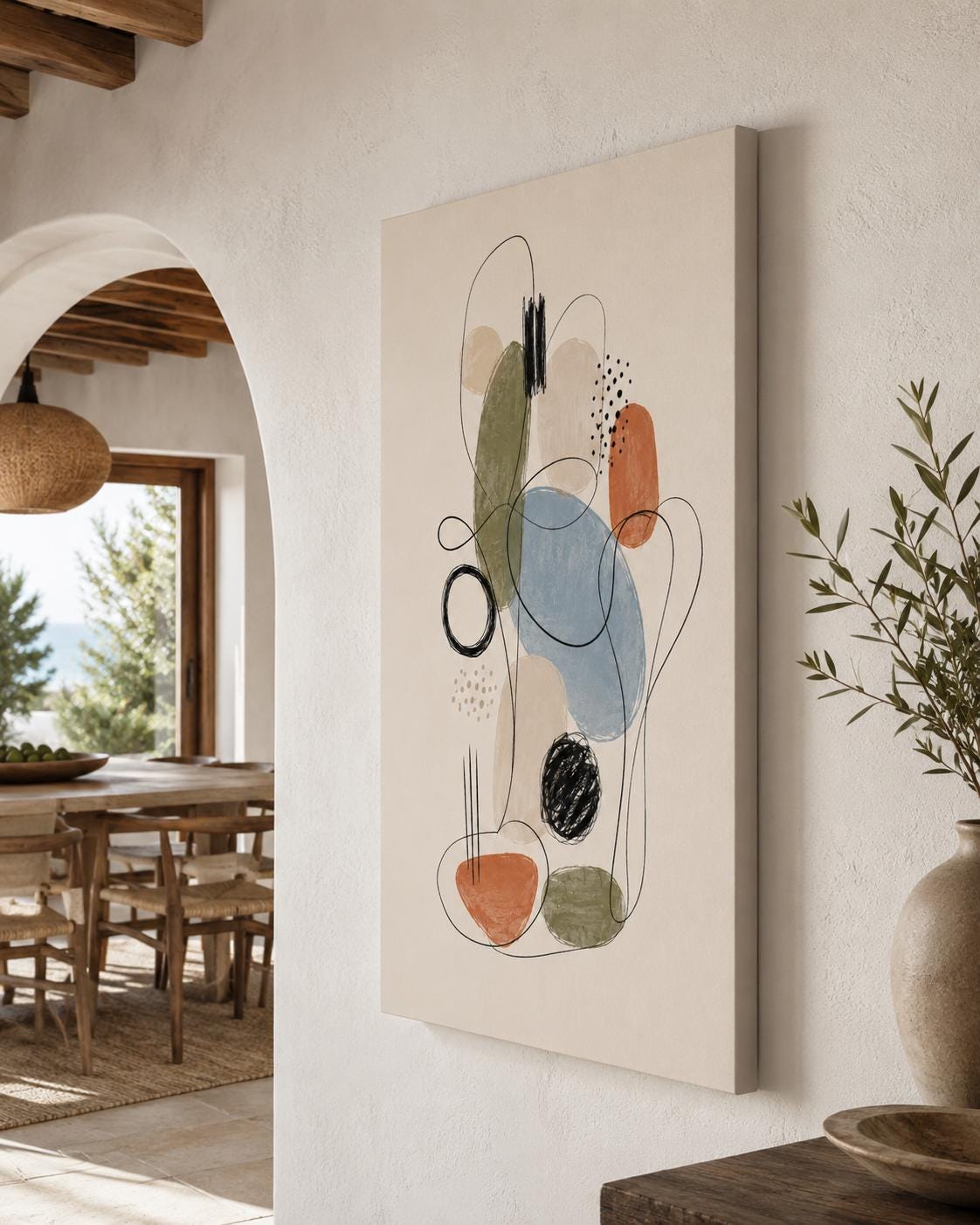 Quadro astratto line art beige, blu e terracotta: vista 5 del prodotto