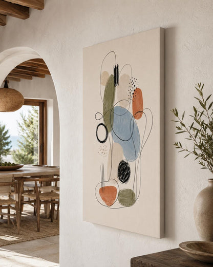 Quadro astratto line art beige, blu e terracotta: vista 5 del prodotto