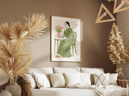 Quadro donna seduta con tulipani: vista 2 del prodotto