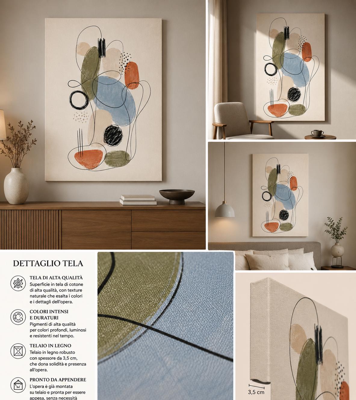 Quadro astratto line art beige, blu e terracotta: vista 4 del prodotto