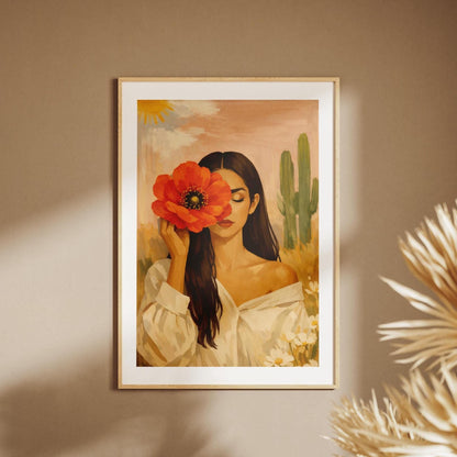 Quadro donna con fiore rosso e cactus: stampa artistica da parete