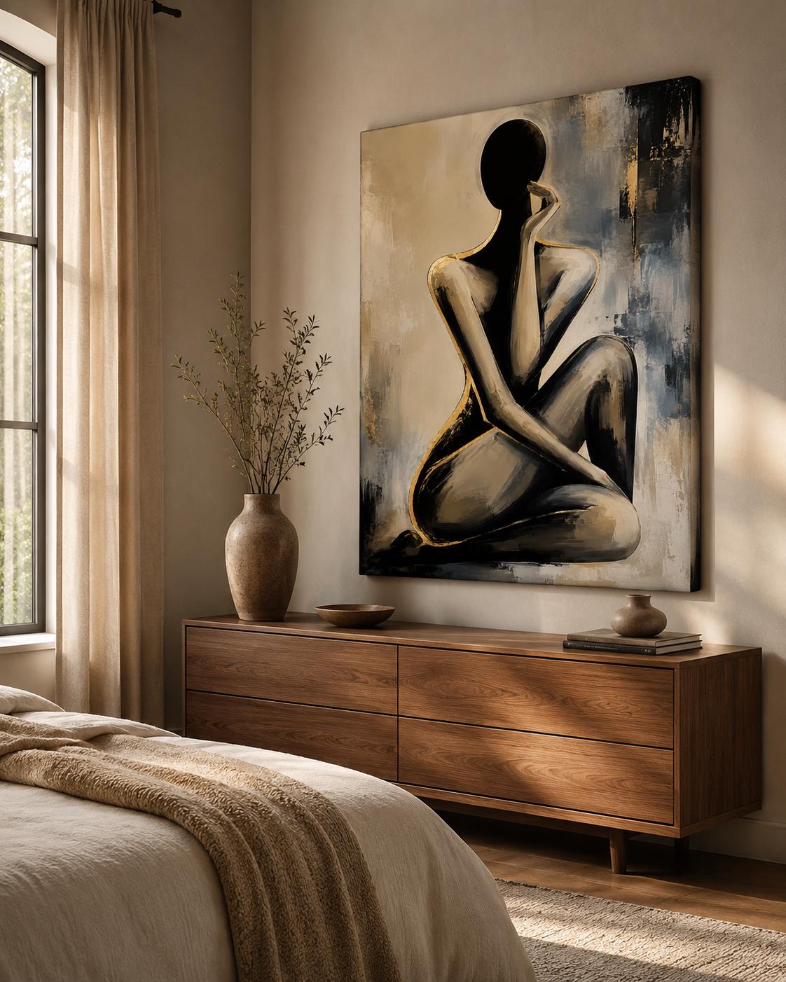 Quadro donna astratta elegante nero e oro: vista 2 del prodotto
