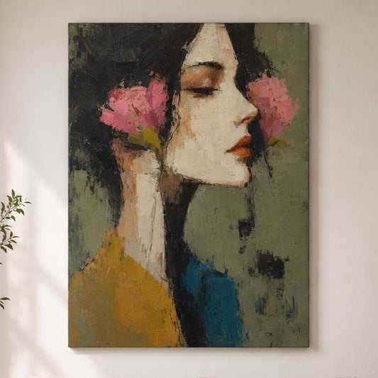 Donna con Fiori Rosa tra i Capelli: stampa artistica da parete