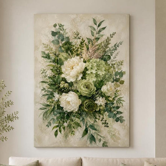 Quadro Floreale Verde e Avorio: stampa artistica da parete