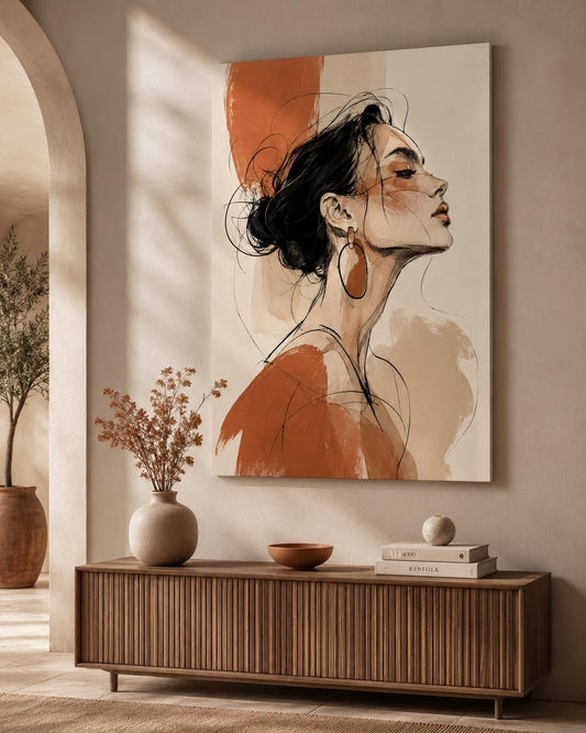Quadro volto donna astratto terracotta e beige: vista 2 del prodotto