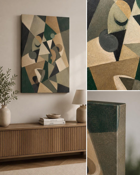 Quadro astratto geometrico verde beige e nero: vista 2 del prodotto