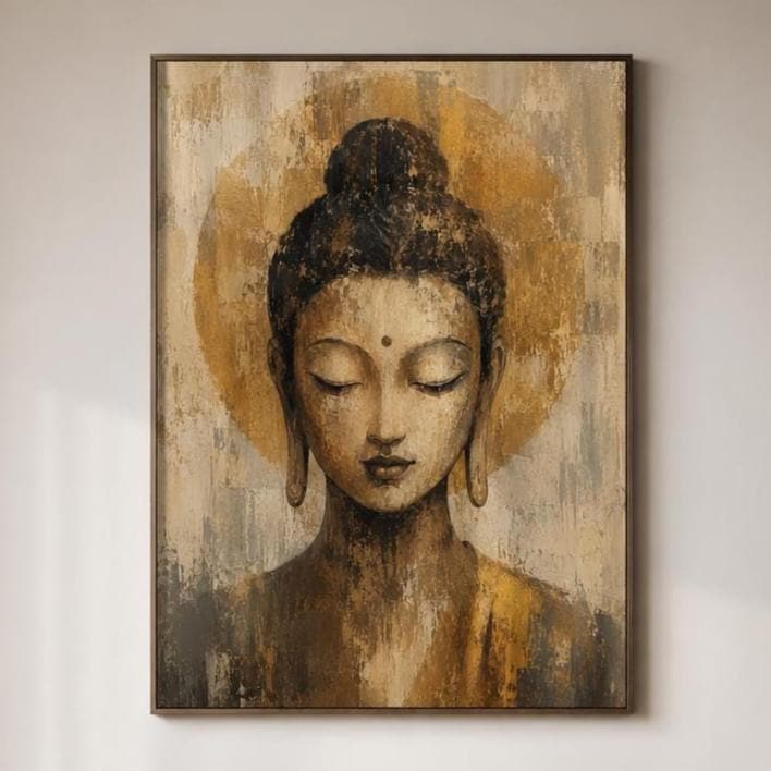 Buddha in Meditazione Oro e Beige: stampa artistica da parete