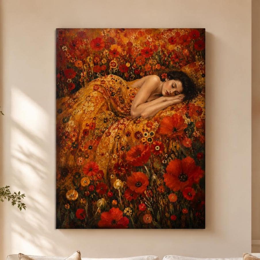 Quadro donna tra papaveri rossi: stampa artistica da parete
