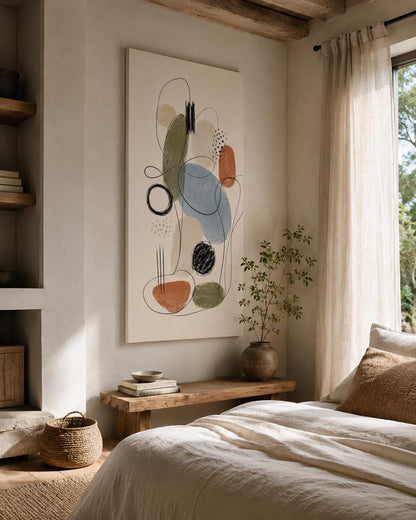 Quadro astratto line art beige, blu e terracotta: vista 2 del prodotto