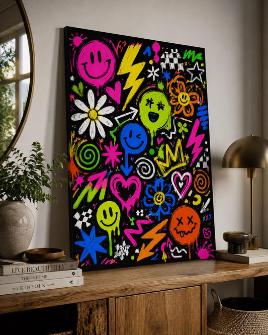 Quadro pop art colorato con smile e simboli graffiti: vista 2 del prodotto