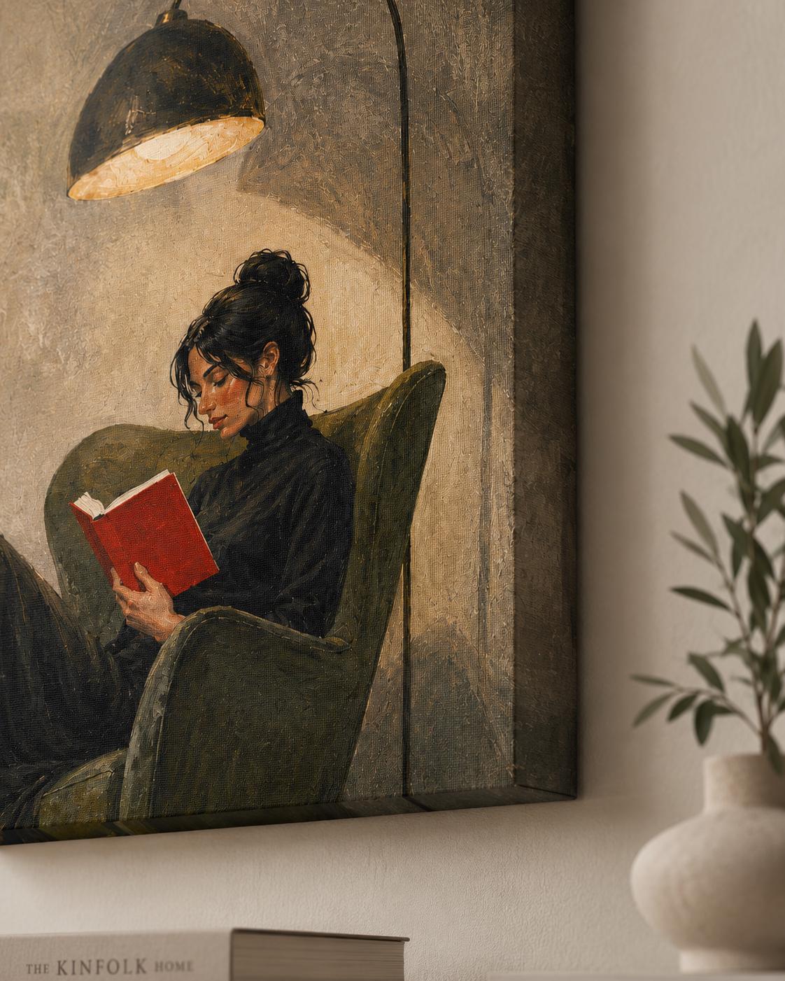 Quadro donna che legge in poltrona: vista 3 del prodotto