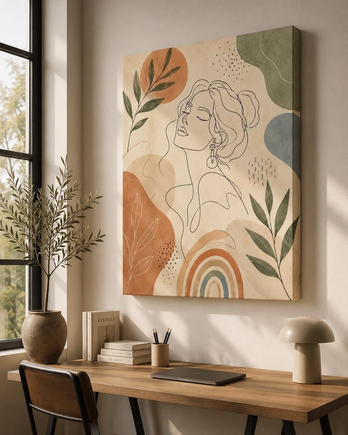 Quadro volto donna line art con foglie: vista 2 del prodotto
