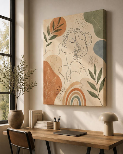 Quadro volto donna line art con foglie: vista 2 del prodotto