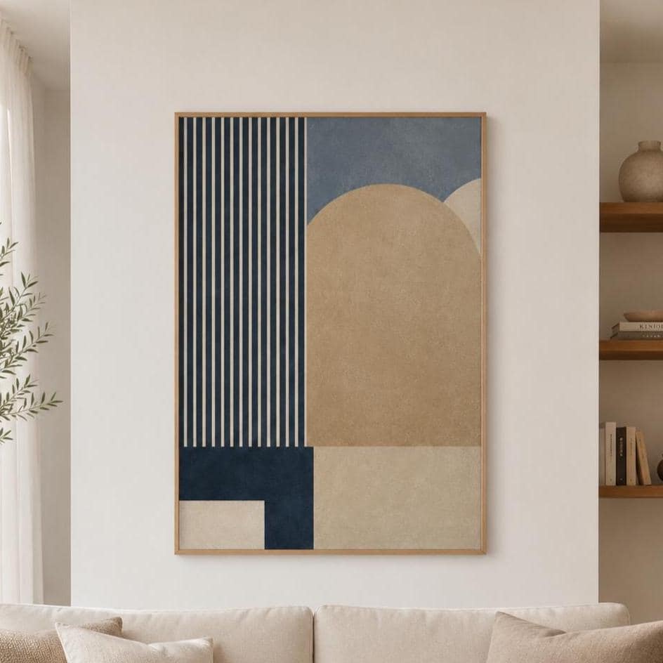 Quadro astratto geometrico blu beige e sabbia: stampa artistica da parete