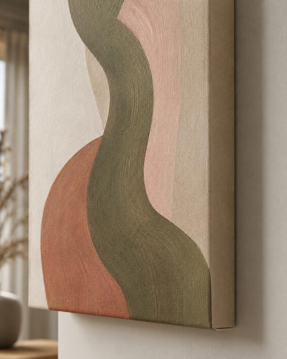 Quadro astratto moderno verde e rosa cipria: vista 3 del prodotto