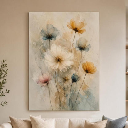 Quadro floreale acquerello beige e azzurro: stampa artistica da parete