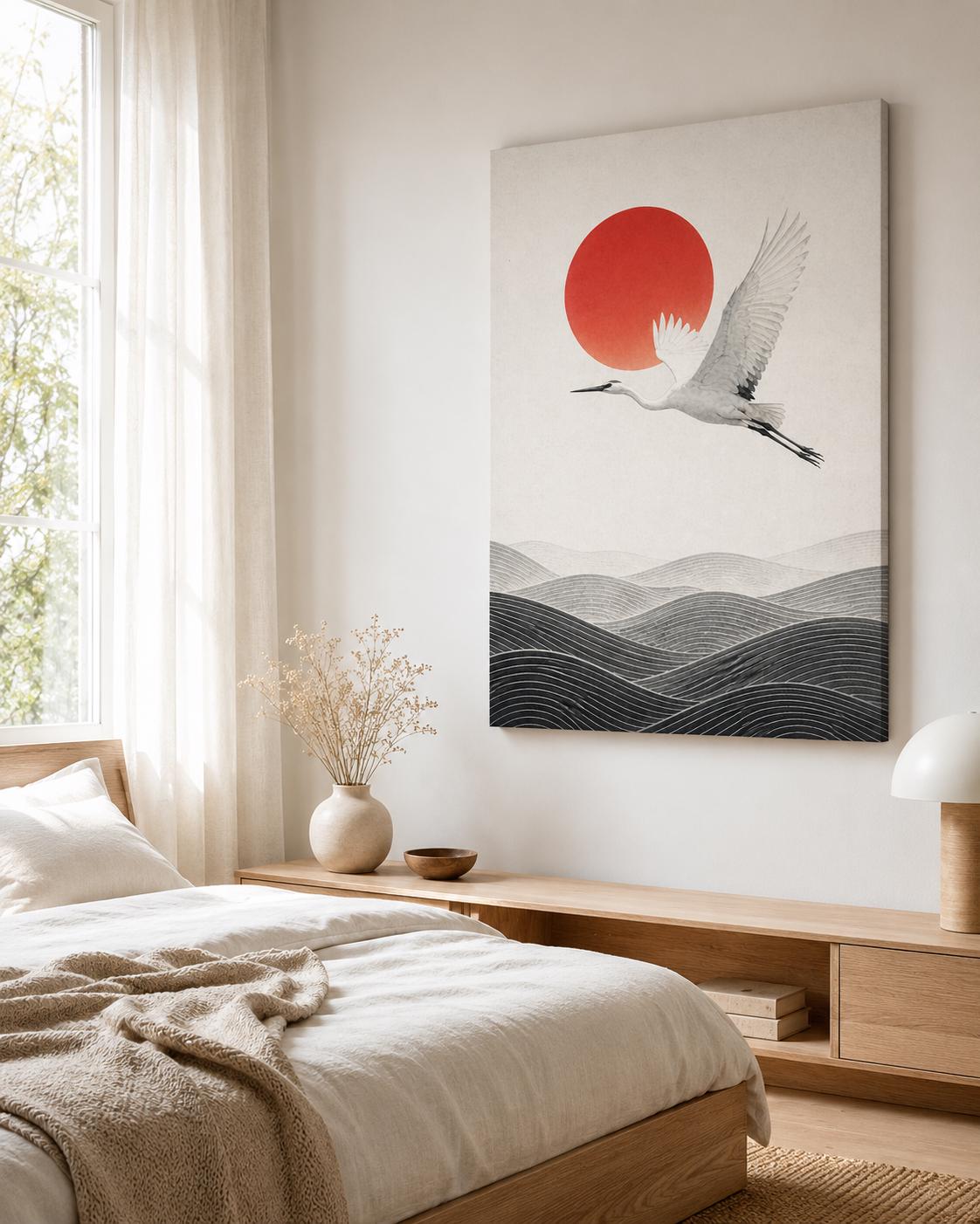 Quadro airone bianco con sole rosso: vista 5 del prodotto