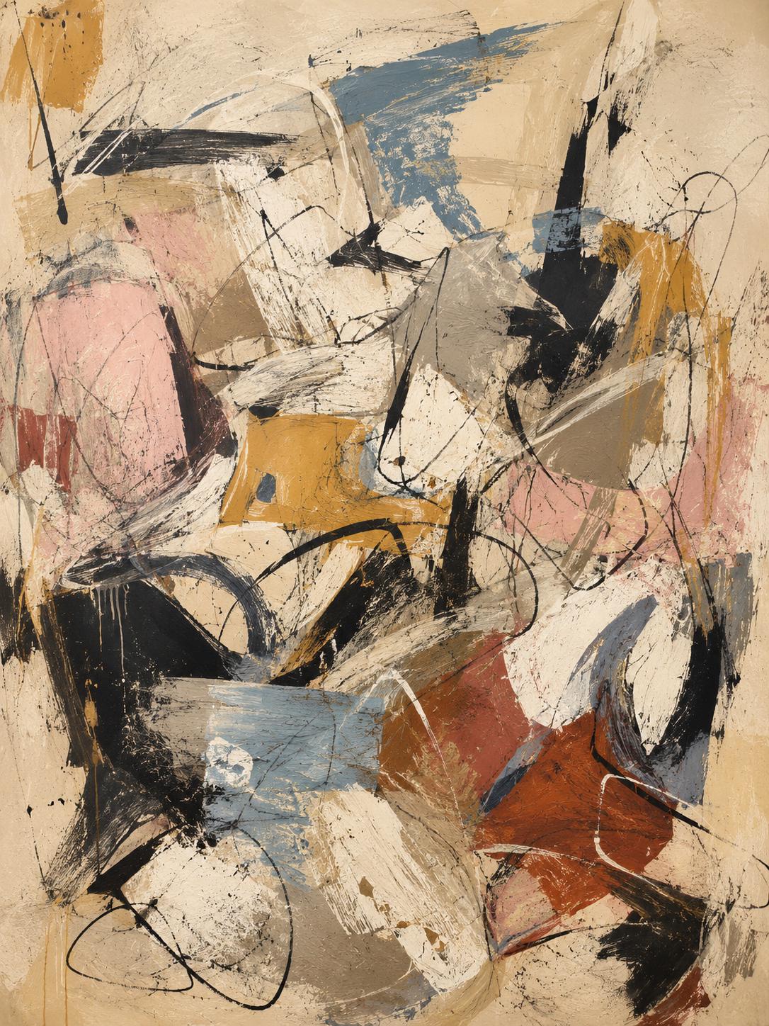 Quadro astratto materico beige, nero e terracotta: vista 3 del prodotto