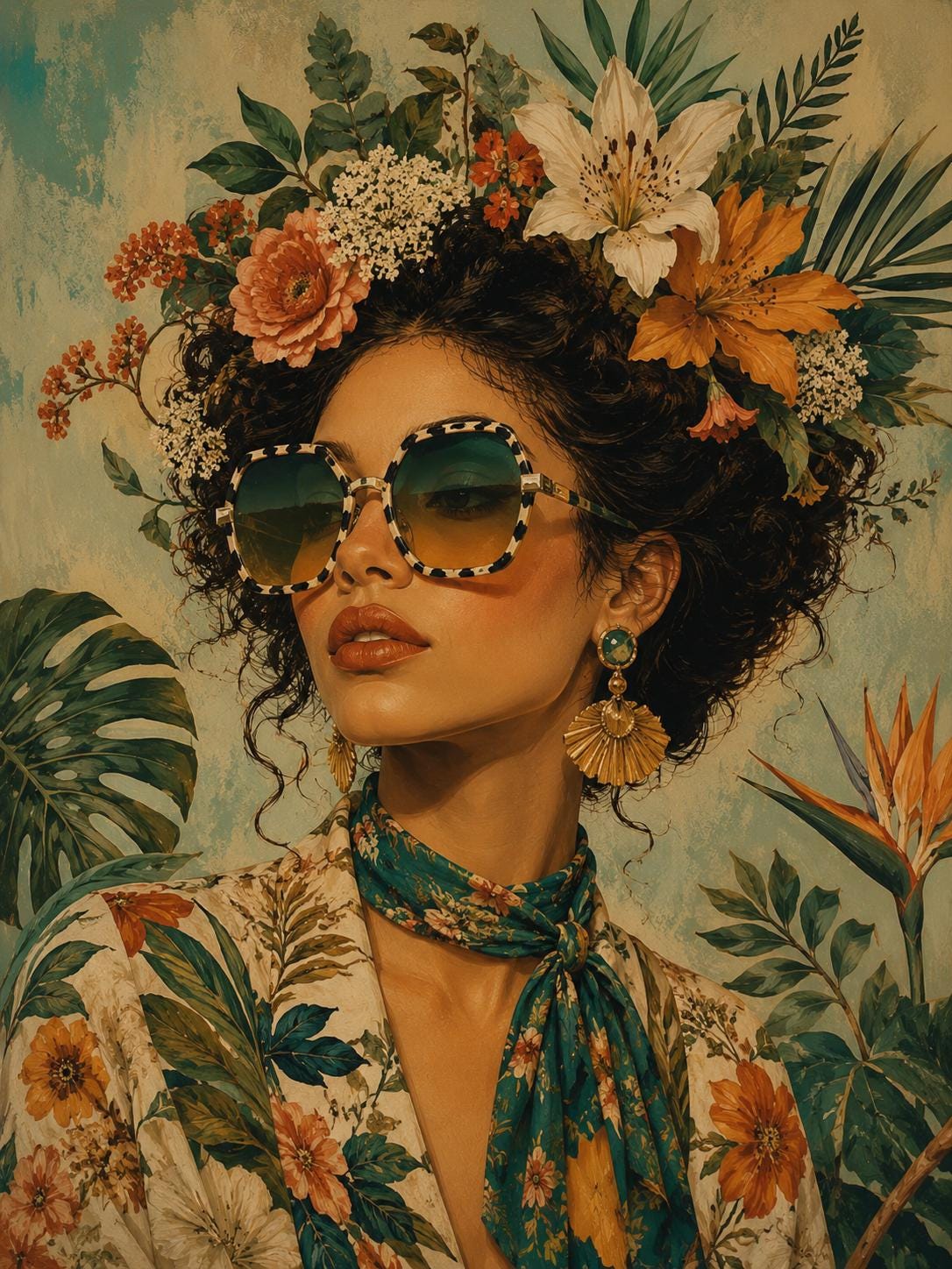 Quadro donna tropicale con fiori e occhiali: vista 3 del prodotto