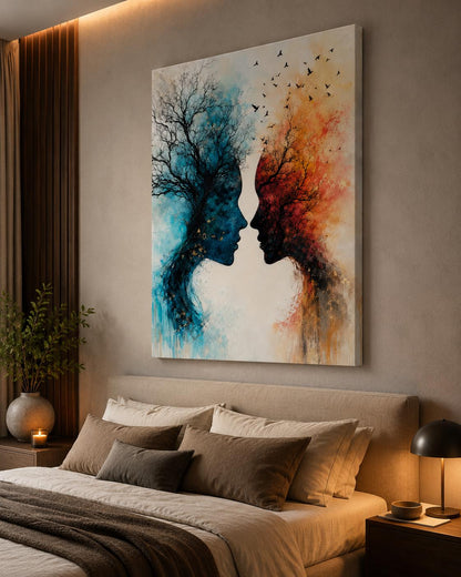Quadro volti astratti blu e arancio: vista 4 del prodotto