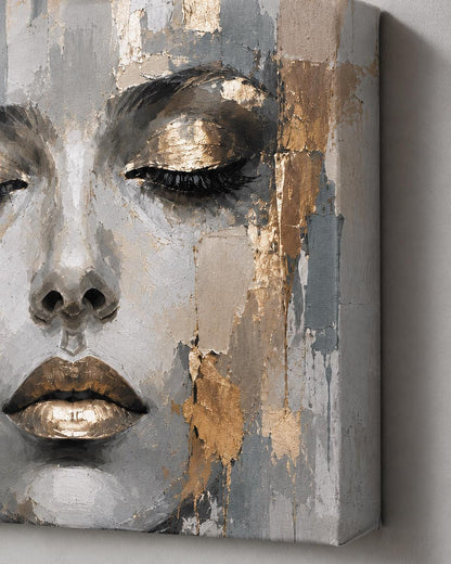 Quadro volto donna astratto grigio e oro: vista 2 del prodotto