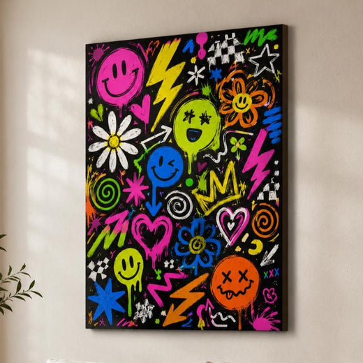 Quadro pop art colorato con smile e simboli graffiti
