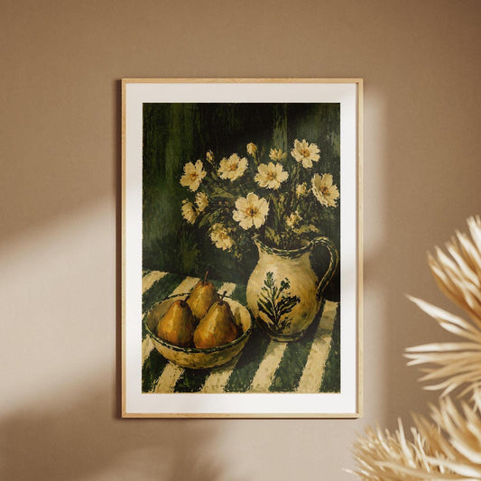 Quadro still life con fiori e pere: stampa artistica da parete