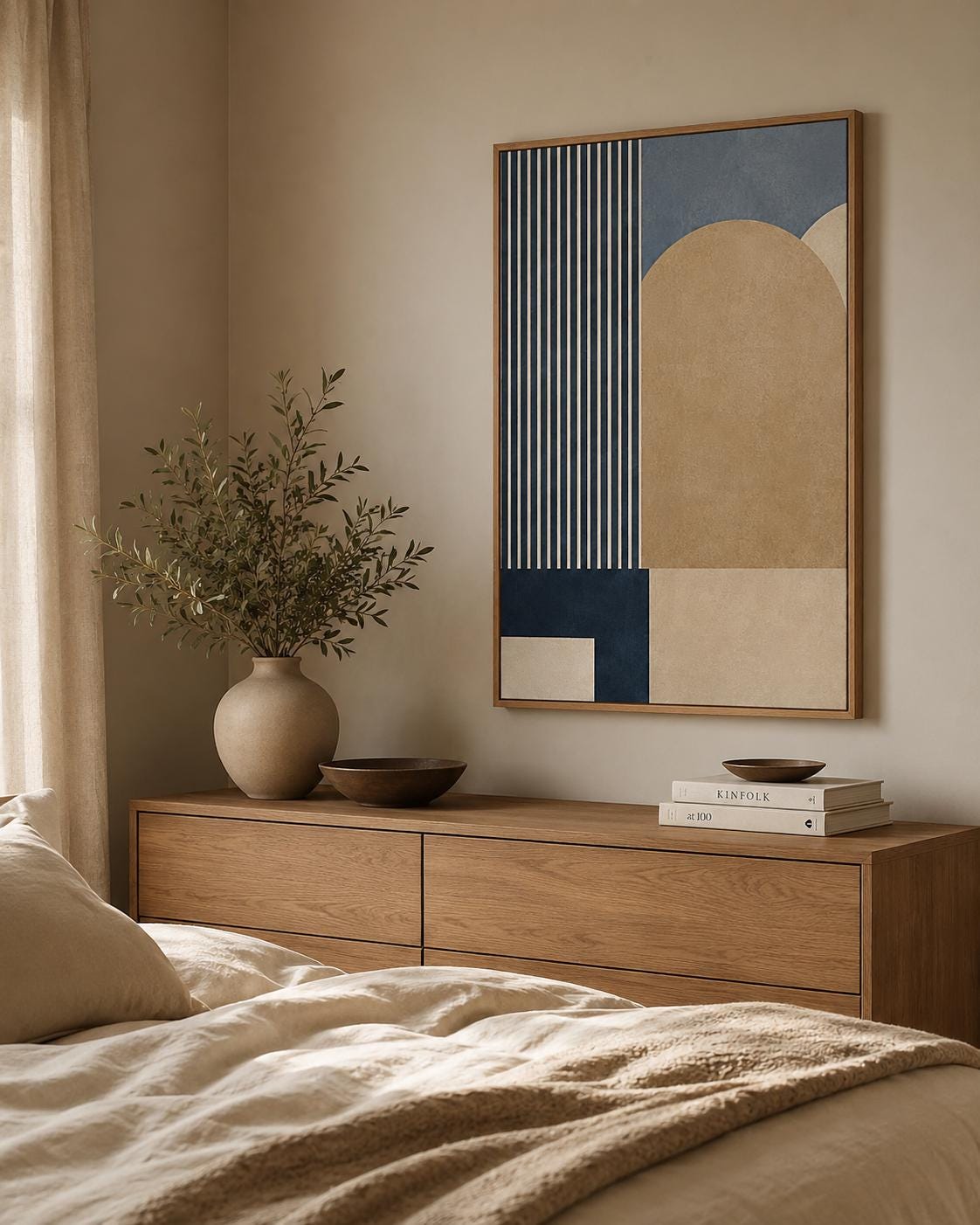 Quadro astratto geometrico blu beige e sabbia: vista 4 del prodotto