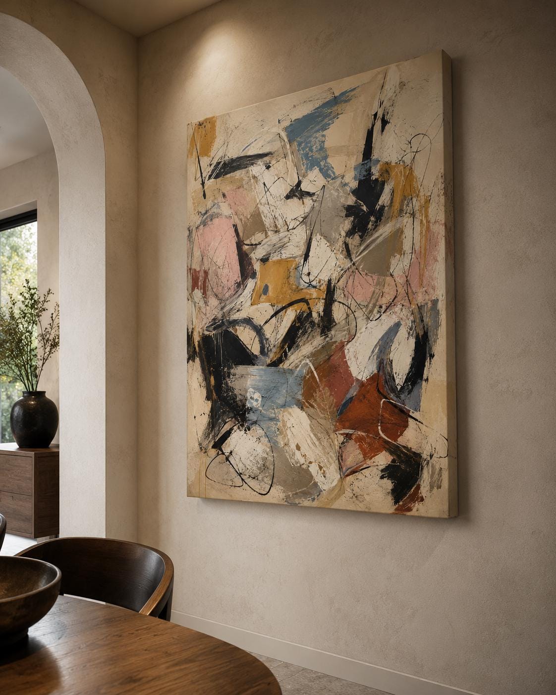 Quadro astratto materico beige, nero e terracotta: vista 6 del prodotto