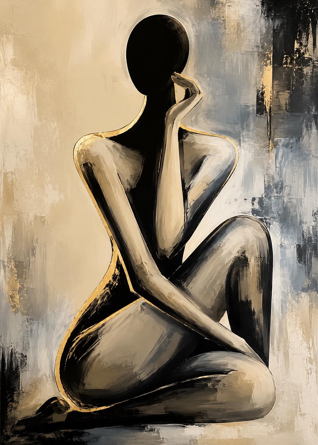 Quadro donna astratta elegante nero e oro: vista 3 del prodotto
