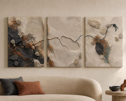 Trittico astratto materico beige e nero – Set di 3 quadri: vista 2 del prodotto