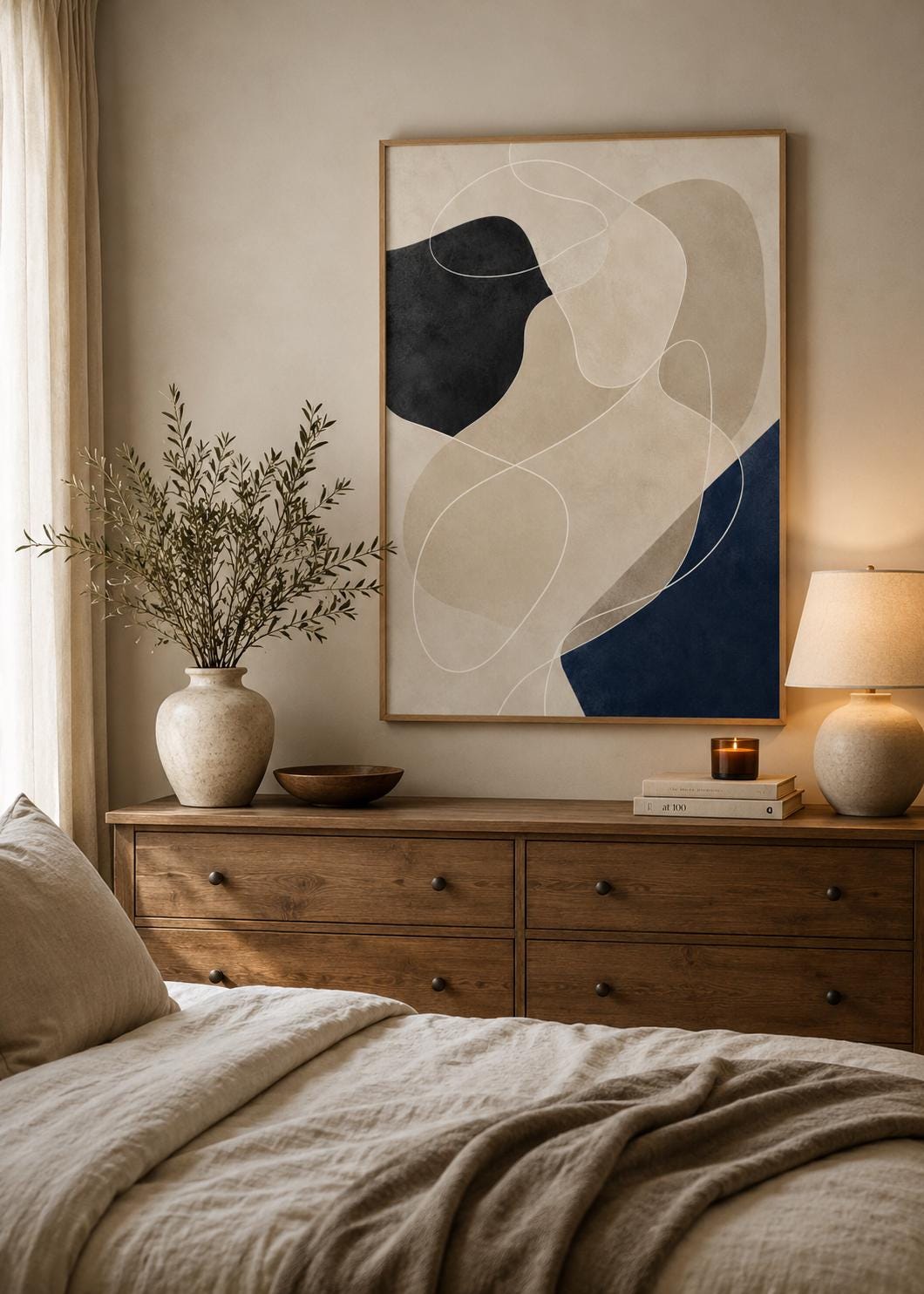 Quadro astratto minimal beige nero e blu: vista 4 del prodotto
