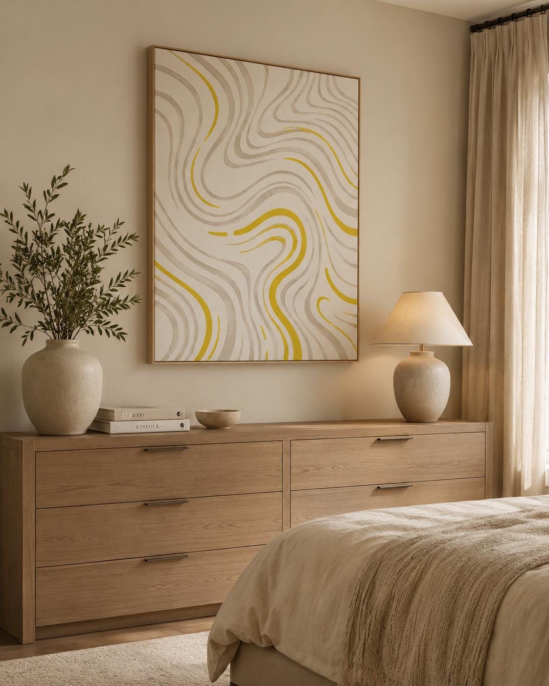 Quadro astratto minimal beige e giallo oro: vista 2 del prodotto