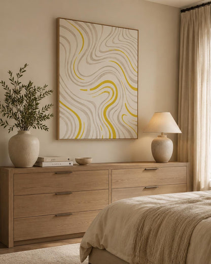 Quadro astratto minimal beige e giallo oro: vista 2 del prodotto