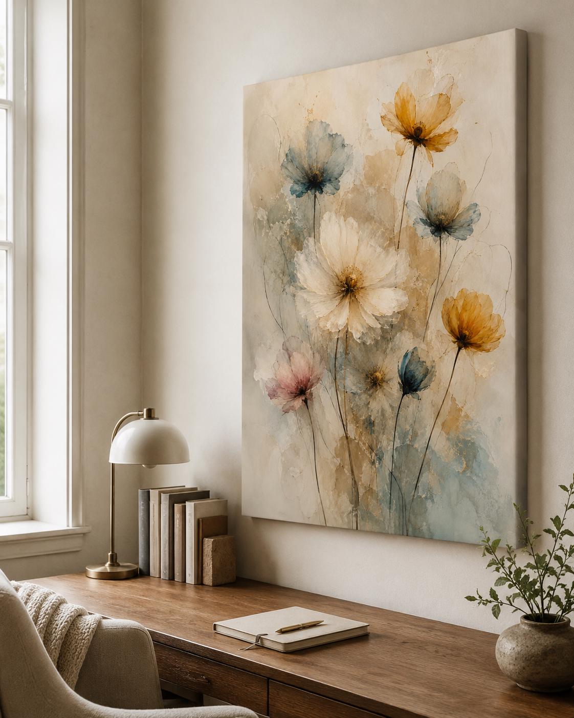 Quadro floreale acquerello beige e azzurro: vista 5 del prodotto
