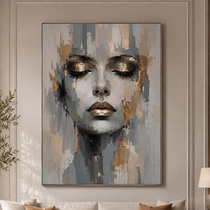 Quadro volto donna astratto grigio e oro: stampa artistica da parete