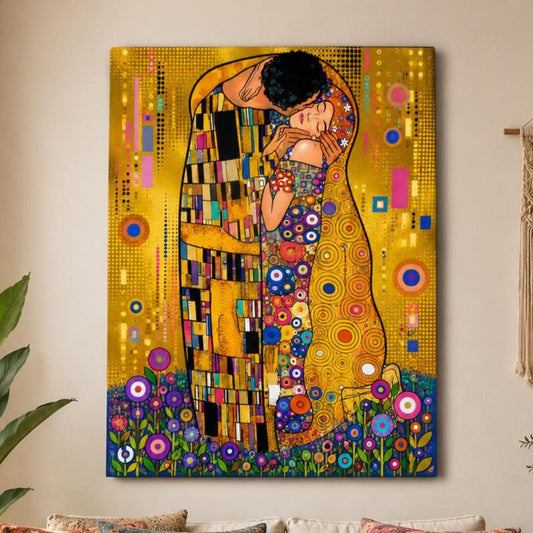 Quadro coppia innamorata oro e fiori: stampa artistica da parete