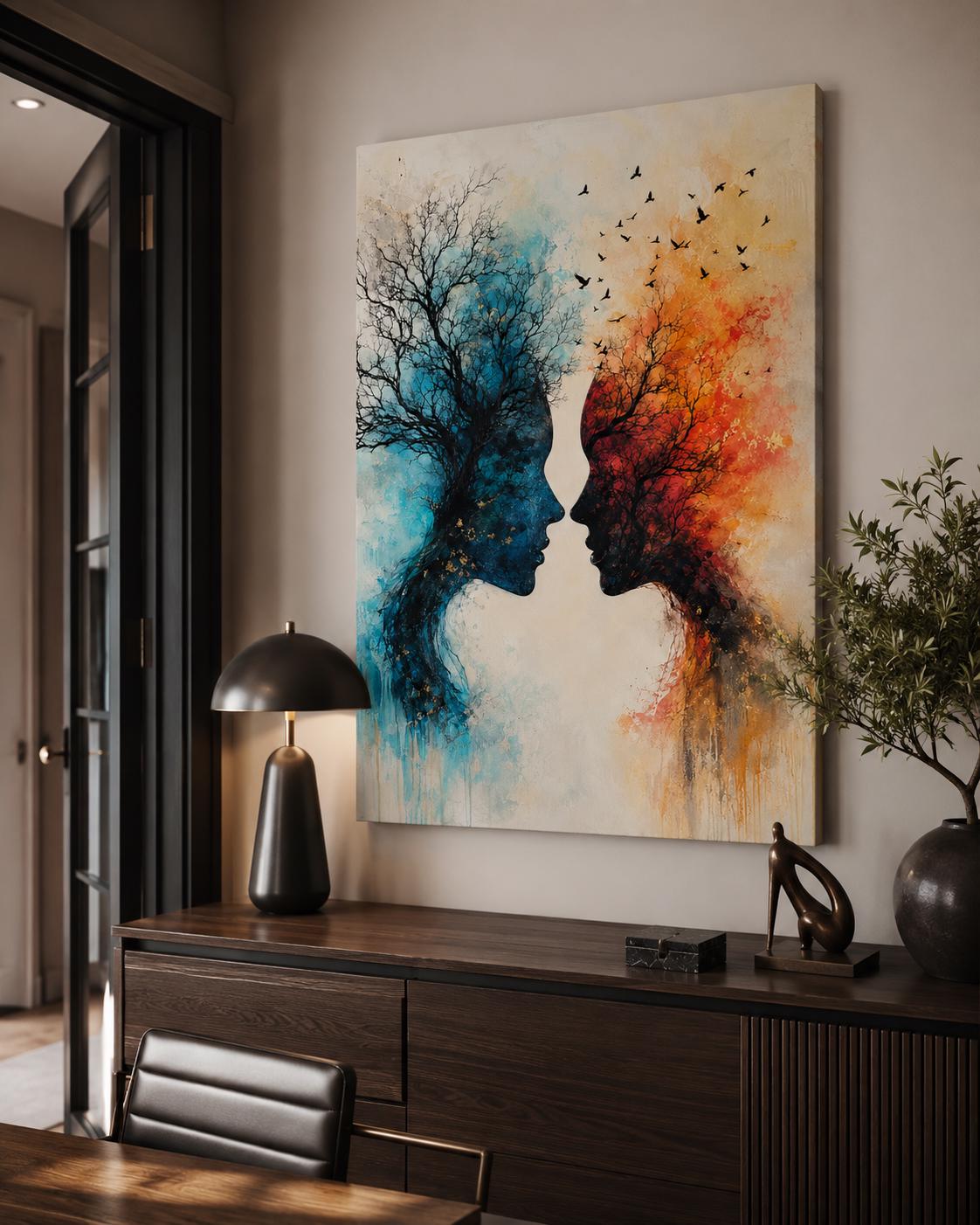 Quadro volti astratti blu e arancio: vista 5 del prodotto