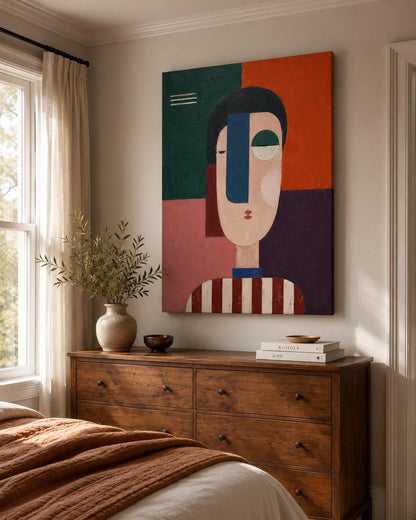 Quadro volto astratto geometrico rosso e verde: vista 5 del prodotto