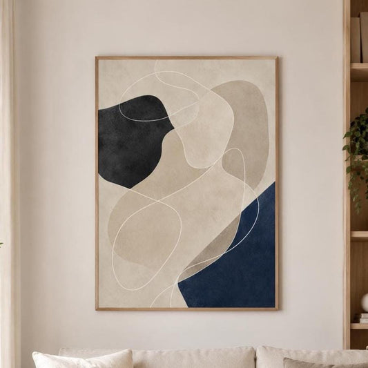 Quadro astratto minimal beige nero e blu: stampa artistica da parete