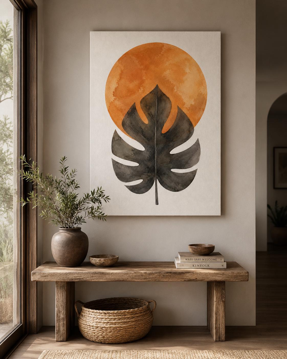 Quadro foglia tropicale con sole terracotta: vista 5 del prodotto