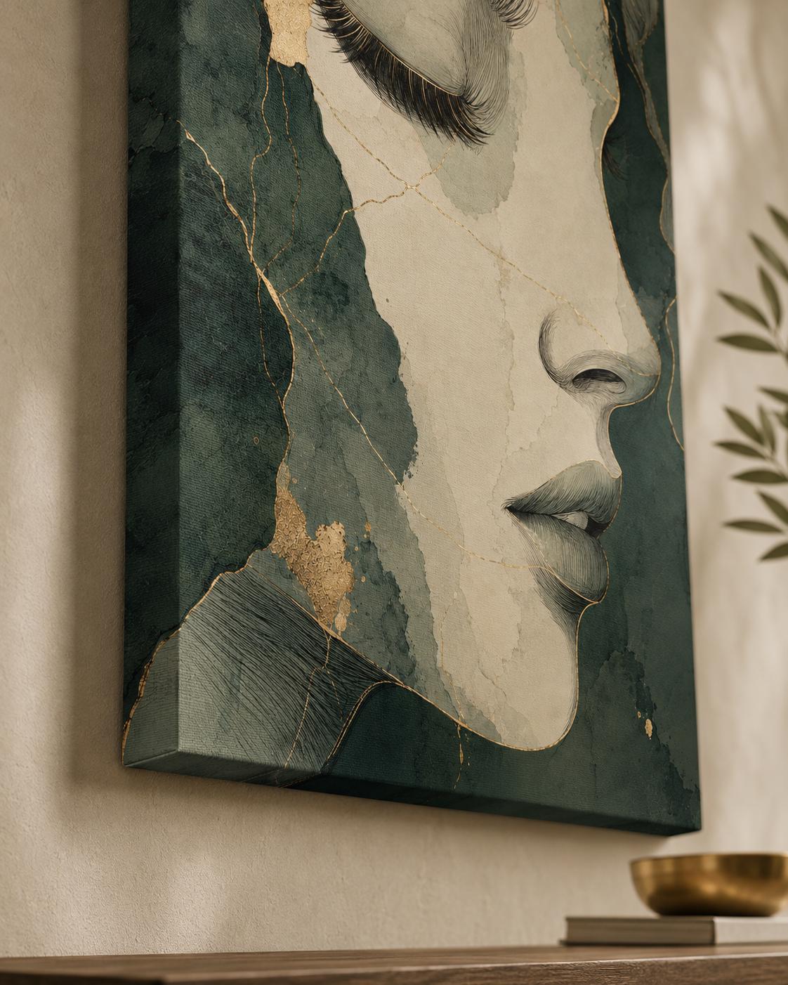 Volto di Donna Astratto Verde e Oro: vista 3 del prodotto
