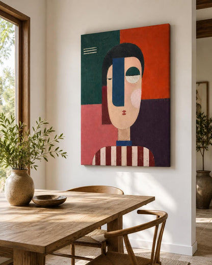 Quadro volto astratto geometrico rosso e verde: vista 6 del prodotto